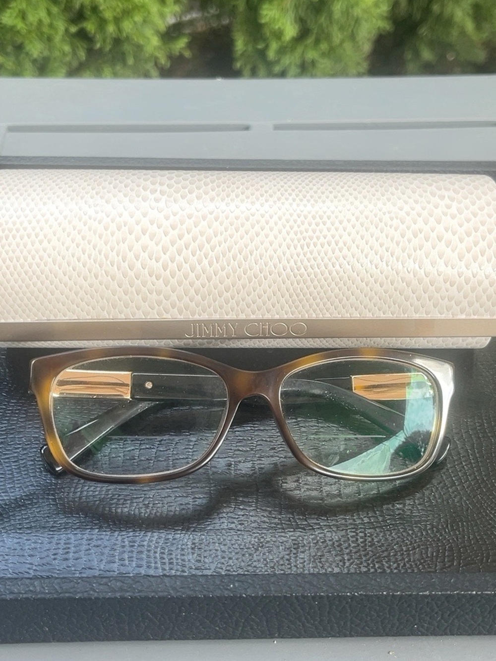Jimmy Choo Brown Tortoise Eyeglasses w/ Crystal Gold Detail + Case